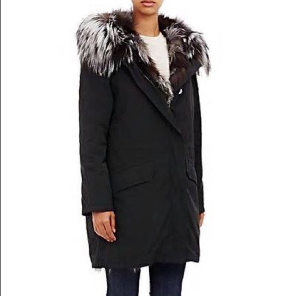 EUC Army Yves Salomon Fox Fur Lined Twill Coat 3x1